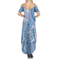 Niue Language Week Family Matching Summer Maxi Dress and Hawaiian Shirt The Rock Coconut Crab - Siapo Blue Pastel LT14 - Polynesian Pride