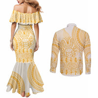 Niue Language Week Couples Matching Mermaid Dress and Long Sleeve Button Shirt The Rock Coconut Crab - Siapo Gold Pastel LT14 - Polynesian Pride