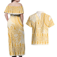 Niue Language Week Couples Matching Off Shoulder Maxi Dress and Hawaiian Shirt The Rock Coconut Crab - Siapo Gold Pastel LT14 - Polynesian Pride