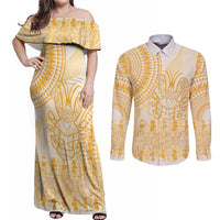 Niue Language Week Couples Matching Off Shoulder Maxi Dress and Long Sleeve Button Shirt The Rock Coconut Crab - Siapo Gold Pastel LT14 Gold - Polynesian Pride