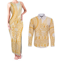 Niue Language Week Couples Matching Tank Maxi Dress and Long Sleeve Button Shirt The Rock Coconut Crab - Siapo Gold Pastel LT14 Gold - Polynesian Pride