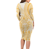 Niue Language Week Family Matching Long Sleeve Bodycon Dress and Hawaiian Shirt The Rock Coconut Crab - Siapo Gold Pastel LT14 - Polynesian Pride
