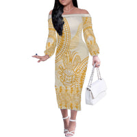 Niue Language Week Family Matching Off The Shoulder Long Sleeve Dress and Hawaiian Shirt The Rock Coconut Crab - Siapo Gold Pastel LT14 Mom's Dress Gold - Polynesian Pride