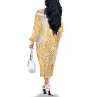 Niue Language Week Family Matching Off The Shoulder Long Sleeve Dress and Hawaiian Shirt The Rock Coconut Crab - Siapo Gold Pastel LT14 - Polynesian Pride