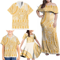 Niue Language Week Family Matching Off Shoulder Maxi Dress and Hawaiian Shirt The Rock Coconut Crab - Siapo Gold Pastel LT14 - Polynesian Pride