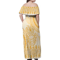 Niue Language Week Family Matching Off Shoulder Maxi Dress and Hawaiian Shirt The Rock Coconut Crab - Siapo Gold Pastel LT14 - Polynesian Pride