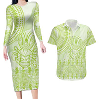 Lime Green Niue Language Week Couples Matching Long Sleeve Bodycon Dress and Hawaiian Shirt The Rock Coconut Crab - Siapo Pattern LT14 Lime Green - Polynesian Pride
