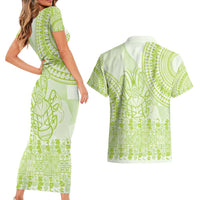 Lime Green Niue Language Week Couples Matching Short Sleeve Bodycon Dress and Hawaiian Shirt The Rock Coconut Crab - Siapo Pattern LT14 - Polynesian Pride