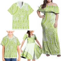 Lime Green Niue Language Week Family Matching Off Shoulder Maxi Dress and Hawaiian Shirt The Rock Coconut Crab - Siapo Pattern LT14 - Polynesian Pride