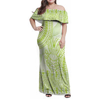Lime Green Niue Language Week Family Matching Off Shoulder Maxi Dress and Hawaiian Shirt The Rock Coconut Crab - Siapo Pattern LT14 Mom's Dress Lime Green - Polynesian Pride