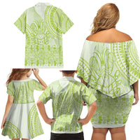 Lime Green Niue Language Week Family Matching Off Shoulder Short Dress and Hawaiian Shirt The Rock Coconut Crab - Siapo Pattern LT14 - Polynesian Pride