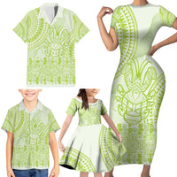 Lime Green Niue Language Week Family Matching Short Sleeve Bodycon Dress and Hawaiian Shirt The Rock Coconut Crab - Siapo Pattern LT14 - Polynesian Pride