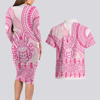 Pink Niue Language Week Couples Matching Long Sleeve Bodycon Dress and Hawaiian Shirt The Rock Coconut Crab - Siapo Pattern LT14 - Polynesian Pride