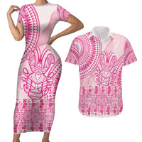 Pink Niue Language Week Couples Matching Short Sleeve Bodycon Dress and Hawaiian Shirt The Rock Coconut Crab - Siapo Pattern LT14 Pink - Polynesian Pride