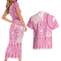 Pink Niue Language Week Couples Matching Short Sleeve Bodycon Dress and Hawaiian Shirt The Rock Coconut Crab - Siapo Pattern LT14 - Polynesian Pride