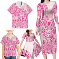 Pink Niue Language Week Family Matching Long Sleeve Bodycon Dress and Hawaiian Shirt The Rock Coconut Crab - Siapo Pattern LT14 - Polynesian Pride