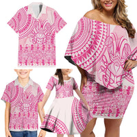 Pink Niue Language Week Family Matching Off Shoulder Short Dress and Hawaiian Shirt The Rock Coconut Crab - Siapo Pattern LT14 - Polynesian Pride