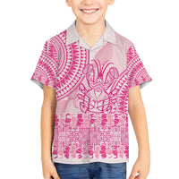 Pink Niue Language Week Family Matching Off Shoulder Short Dress and Hawaiian Shirt The Rock Coconut Crab - Siapo Pattern LT14 Son's Shirt Pink - Polynesian Pride