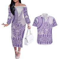 Purple Niue Language Week Couples Matching Off The Shoulder Long Sleeve Dress and Hawaiian Shirt The Rock Coconut Crab - Siapo Pattern LT14 Purple - Polynesian Pride