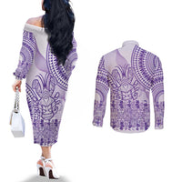 Purple Niue Language Week Couples Matching Off The Shoulder Long Sleeve Dress and Long Sleeve Button Shirt The Rock Coconut Crab - Siapo Pattern LT14 - Polynesian Pride