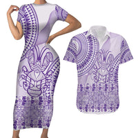 Purple Niue Language Week Couples Matching Short Sleeve Bodycon Dress and Hawaiian Shirt The Rock Coconut Crab - Siapo Pattern LT14 Purple - Polynesian Pride