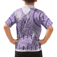 Purple Niue Language Week Family Matching Off The Shoulder Long Sleeve Dress and Hawaiian Shirt The Rock Coconut Crab - Siapo Pattern LT14 - Polynesian Pride