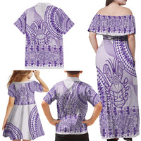 Purple Niue Language Week Family Matching Off Shoulder Maxi Dress and Hawaiian Shirt The Rock Coconut Crab - Siapo Pattern LT14 - Polynesian Pride
