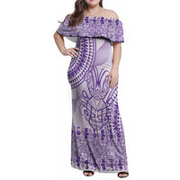 Purple Niue Language Week Family Matching Off Shoulder Maxi Dress and Hawaiian Shirt The Rock Coconut Crab - Siapo Pattern LT14 Mom's Dress Purple - Polynesian Pride