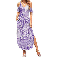 Purple Niue Language Week Family Matching Summer Maxi Dress and Hawaiian Shirt The Rock Coconut Crab - Siapo Pattern LT14 Mom's Dress Purple - Polynesian Pride