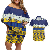 Tokelau Language Week Couples Matching Off Shoulder Short Dress and Hawaiian Shirt Tokelauan Tuluma With Gardenia Thunbergia LT14 Blue - Polynesian Pride