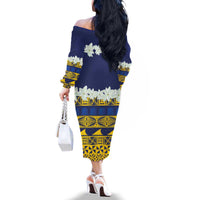Tokelau Language Week Family Matching Off The Shoulder Long Sleeve Dress and Hawaiian Shirt Tokelauan Tuluma With Gardenia Thunbergia LT14 - Polynesian Pride