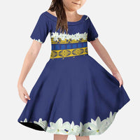 Tokelau Language Week Family Matching Off Shoulder Maxi Dress and Hawaiian Shirt Tokelauan Tuluma With Gardenia Thunbergia LT14 Daughter's Dress Blue - Polynesian Pride