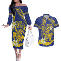 Te Vaiaho o te Gagana Tokelau Couples Matching Off The Shoulder Long Sleeve Dress and Hawaiian Shirt Polynesian Turtle - Malo Ni! LT14 Blue - Polynesian Pride