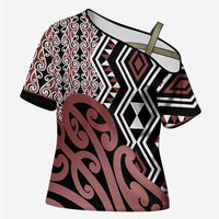 New Zealand Cross Shoulder Shirt Aotearoa Kowhaiwhai Mix Taniko Art LT14 Female Brown - Polynesian Pride