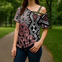New Zealand Cross Shoulder Shirt Aotearoa Kowhaiwhai Mix Taniko Art LT14 - Polynesian Pride