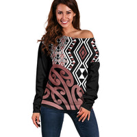 New Zealand Off Shoulder Sweater Aotearoa Kowhaiwhai Mix Taniko Art LT14 Women Brown - Polynesian Pride