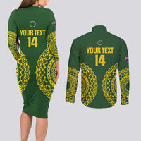 Custom Avaiki Cook Islands Rugby Couples Matching Long Sleeve Bodycon Dress and Long Sleeve Button Shirt Kuki Airani Tatau Green LT14 - Polynesian Pride