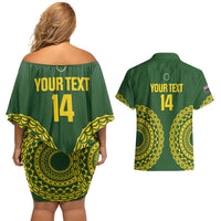 Custom Avaiki Cook Islands Rugby Couples Matching Off Shoulder Short Dress and Hawaiian Shirt Kuki Airani Tatau Green LT14 - Polynesian Pride