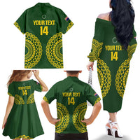 Custom Avaiki Cook Islands Rugby Family Matching Off The Shoulder Long Sleeve Dress and Hawaiian Shirt Kuki Airani Tatau Green LT14 - Polynesian Pride
