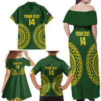 Custom Avaiki Cook Islands Rugby Family Matching Off Shoulder Maxi Dress and Hawaiian Shirt Kuki Airani Tatau Green LT14 - Polynesian Pride