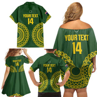 Custom Avaiki Cook Islands Rugby Family Matching Off Shoulder Short Dress and Hawaiian Shirt Kuki Airani Tatau Green LT14 - Polynesian Pride