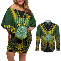 Custom Avaiki Cook Islands Rugby Couples Matching Off Shoulder Short Dress and Long Sleeve Button Shirt Kuki Airani Tatau Black LT14 Black - Polynesian Pride