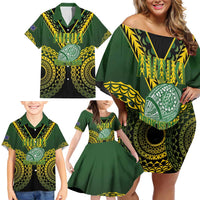 Custom Avaiki Cook Islands Rugby Family Matching Off Shoulder Short Dress and Hawaiian Shirt Kuki Airani Tatau Black LT14 - Polynesian Pride