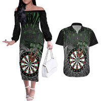 Personalised New Zealand Darts Couples Matching Off The Shoulder Long Sleeve Dress and Hawaiian Shirt Dartboard Maori Fern Puhoro Art LT14 Black - Polynesian Pride