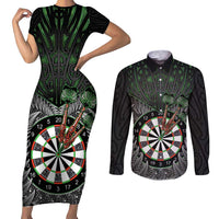 Personalised New Zealand Darts Couples Matching Short Sleeve Bodycon Dress and Long Sleeve Button Shirt Dartboard Maori Fern Puhoro Art LT14 Black - Polynesian Pride