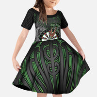 Personalised New Zealand Darts Family Matching Long Sleeve Bodycon Dress and Hawaiian Shirt Dartboard Maori Fern Puhoro Art LT14 Daughter's Dress Black - Polynesian Pride
