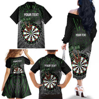 Personalised New Zealand Darts Family Matching Off The Shoulder Long Sleeve Dress and Hawaiian Shirt Dartboard Maori Fern Puhoro Art LT14 - Polynesian Pride