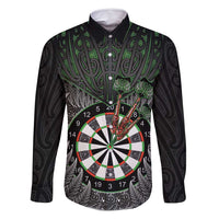 Personalised New Zealand Darts Family Matching Off Shoulder Maxi Dress and Hawaiian Shirt Dartboard Maori Fern Puhoro Art LT14 Dad's Shirt - Long Sleeve Black - Polynesian Pride