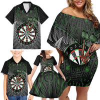 Personalised New Zealand Darts Family Matching Off Shoulder Short Dress and Hawaiian Shirt Dartboard Maori Fern Puhoro Art LT14 - Polynesian Pride