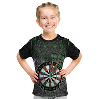 Personalised New Zealand Darts Kid T Shirt Dartboard Maori Fern Puhoro Art LT14 Black - Polynesian Pride